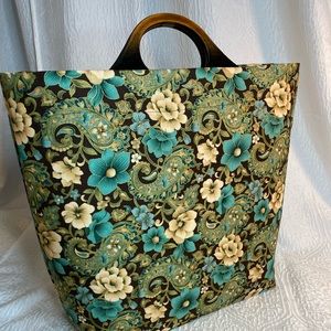Handmade Floral Green and Blue Tote w/ Wood Handles